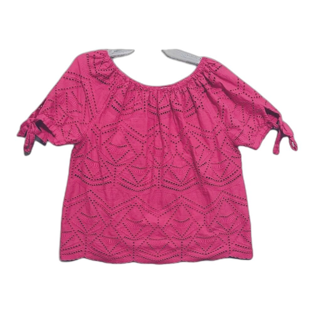Sundance Paulina Blue Eyelet Peasant Top Blouse Bow Tie Short Sleeve Medium